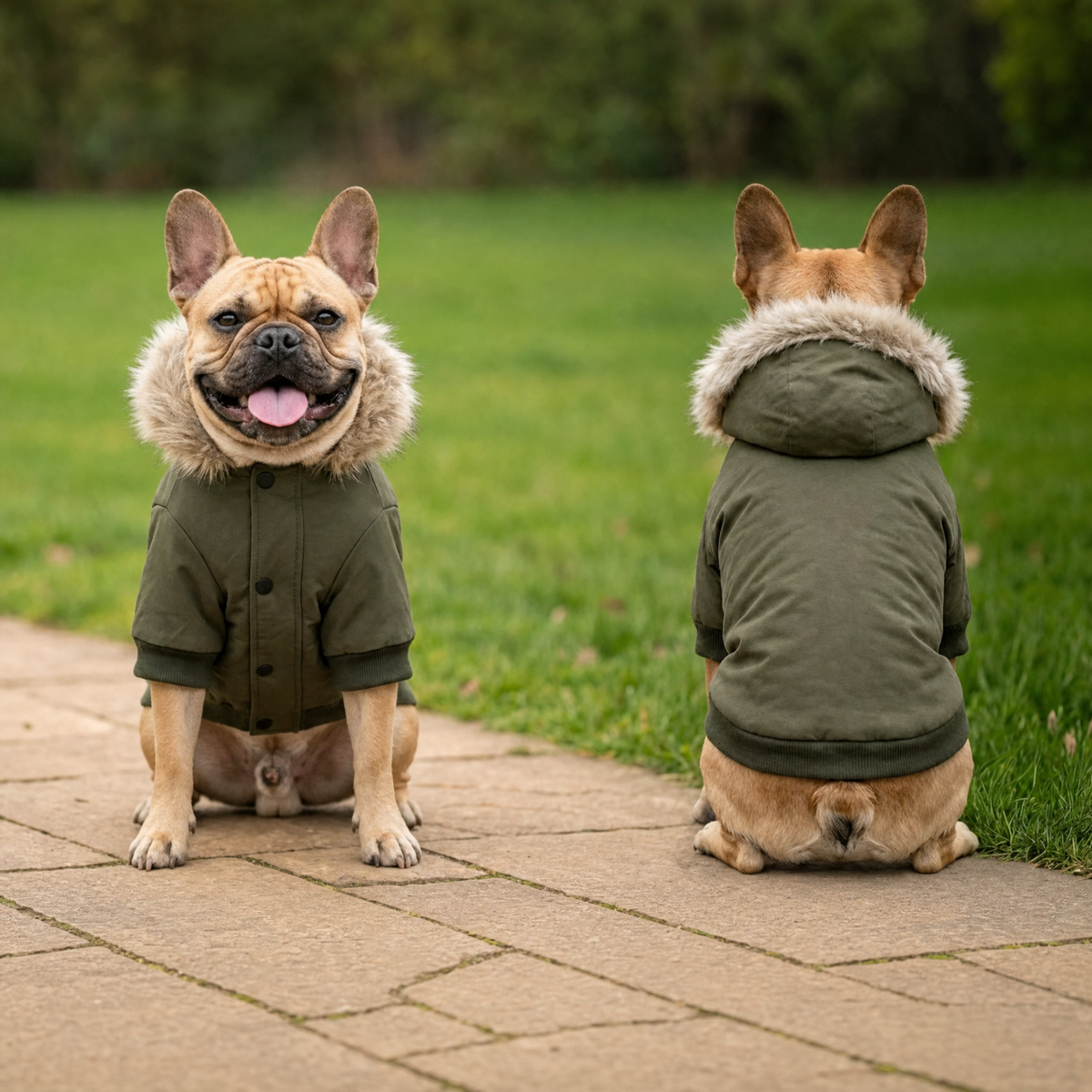 Giacchetto Parka — davanti e dietro, su un bulldog francese