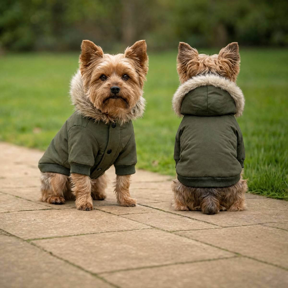Giacchetto Parka — davanti e dietro, su uno yorkshire
